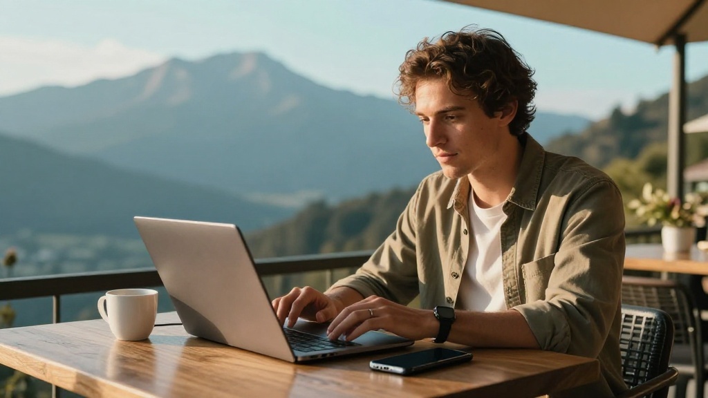 Digital nomad working on a laptop connected to a phone hotspot at a scenic outdoor cafe